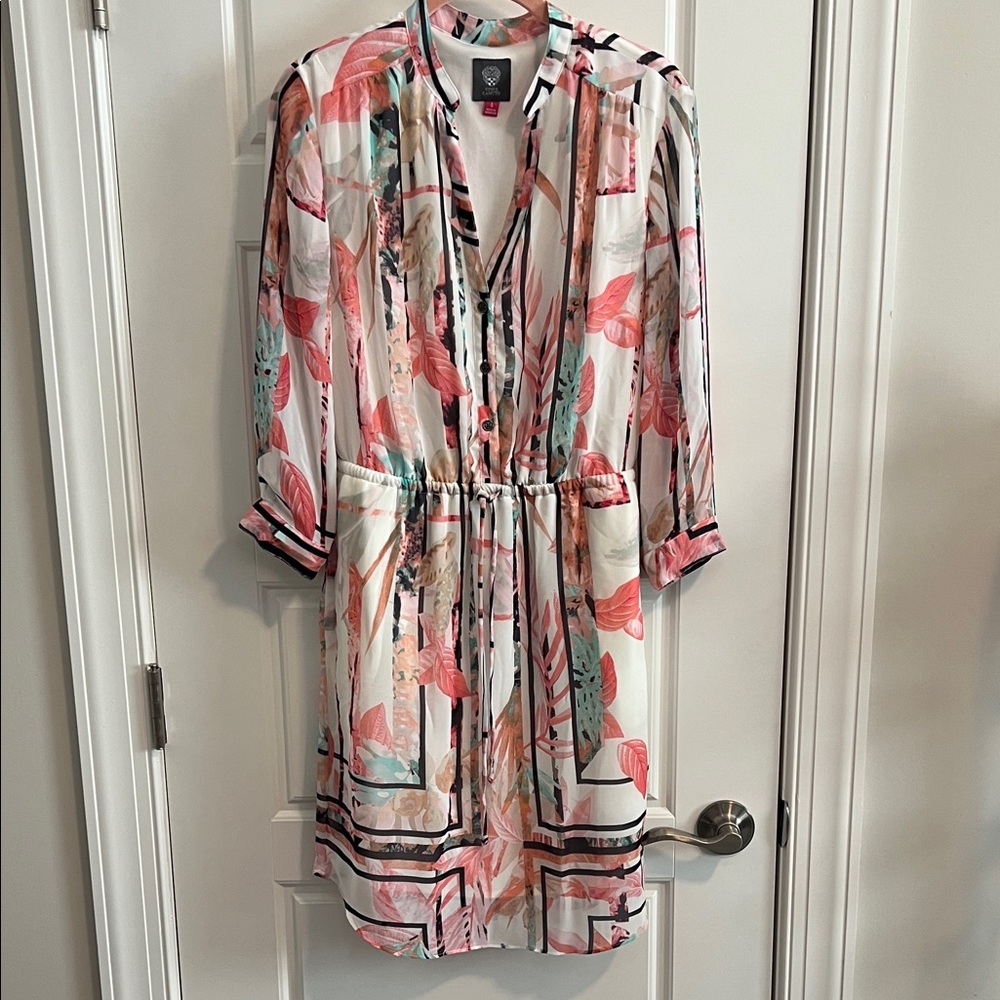 Vince Camuto White Floral Shirt Dress with Coral and Teal Accents